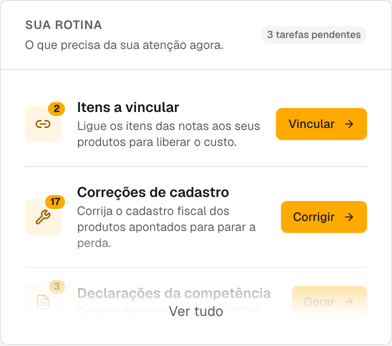 cartão Sua rotina com o contador e o atalho de cada linha