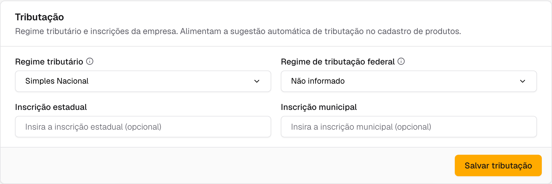 cartão Tributação com os selects de regime