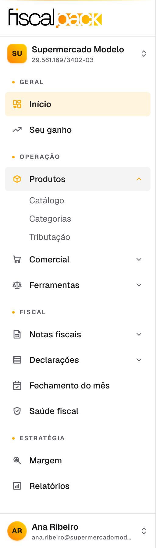 as quatro seções da barra lateral, uma delas expandida
