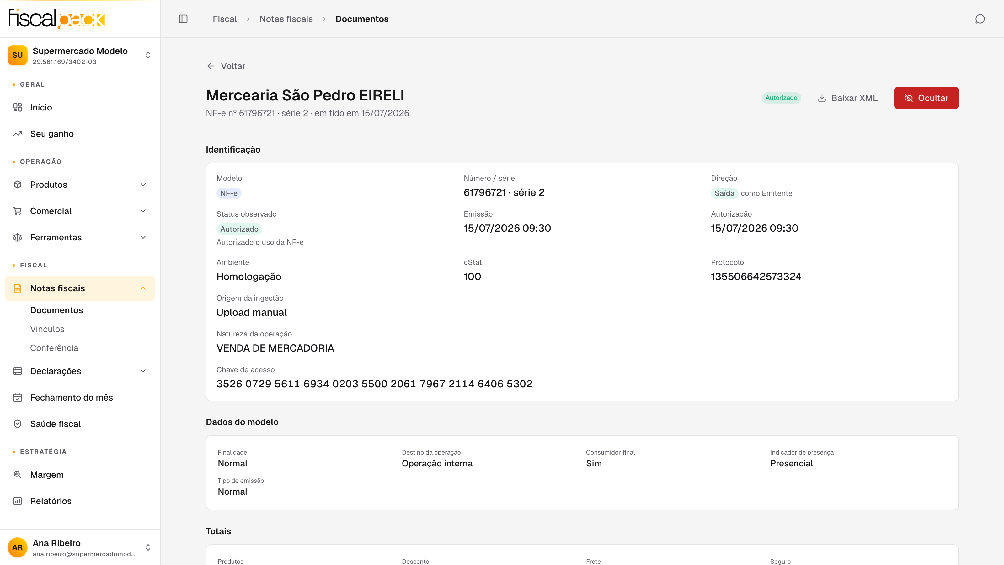 ficha do documento com a ação Ocultar em destaque