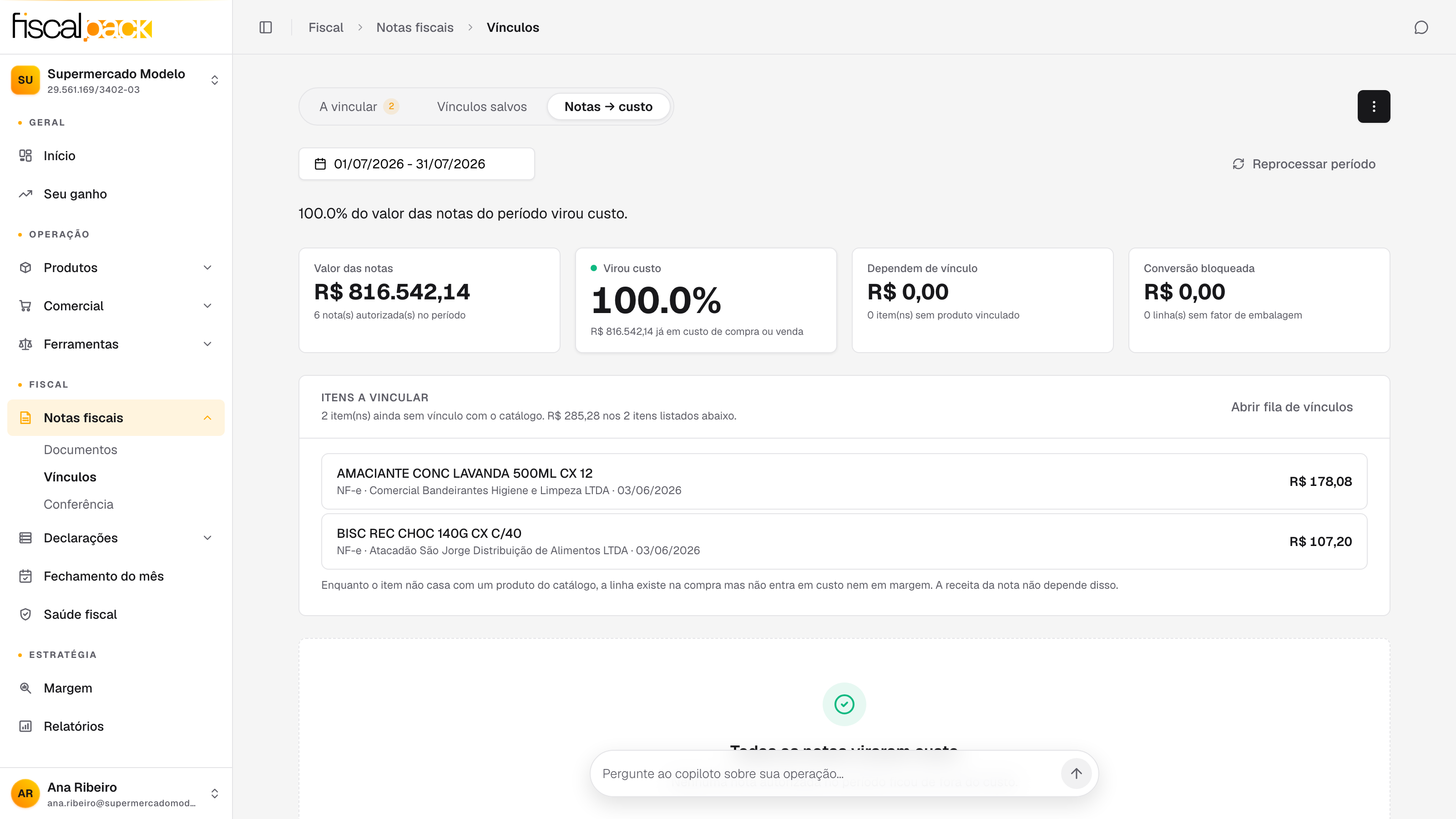 topo da visão Notas -> custo com o valor convertido em destaque