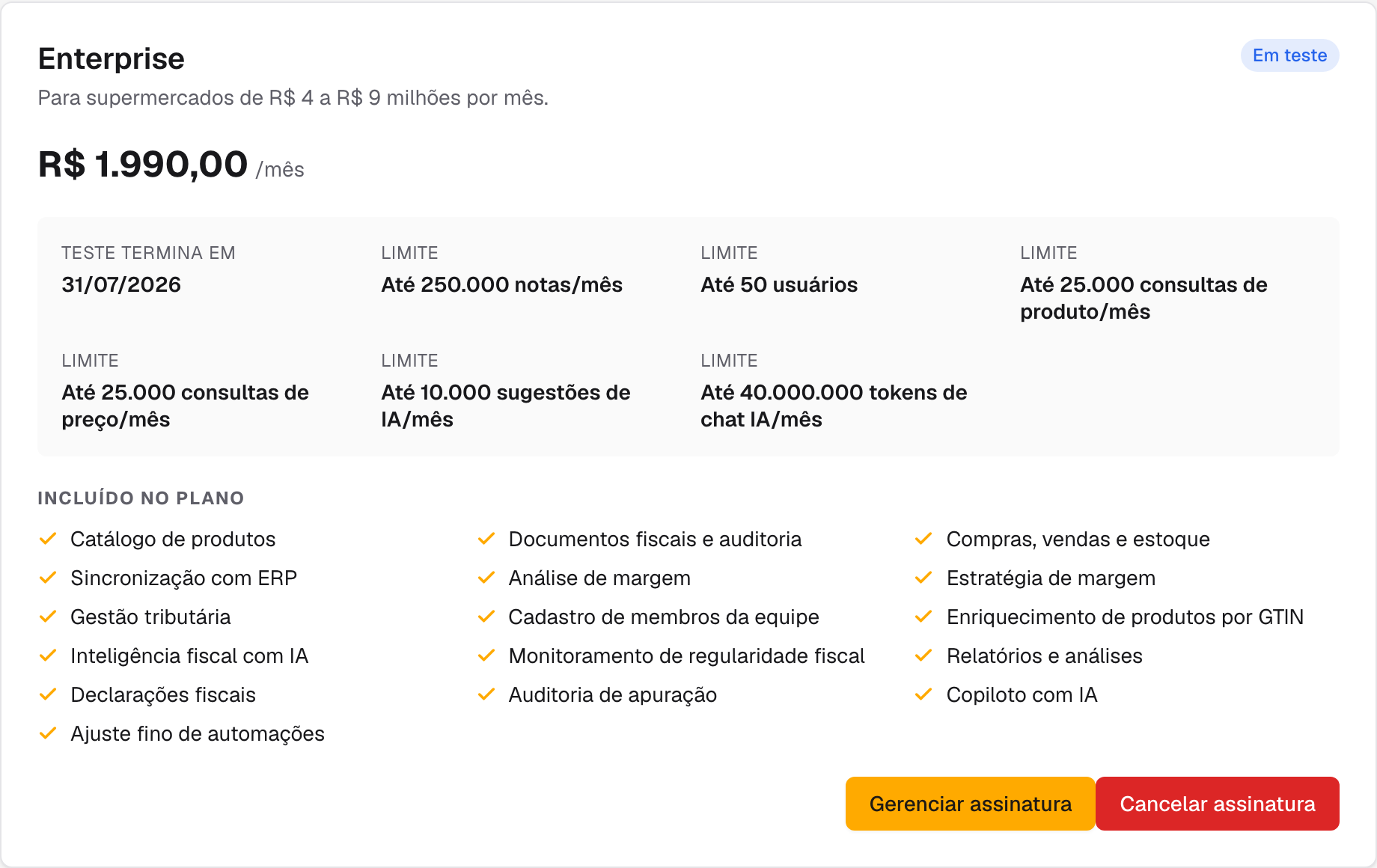 cartão do plano atual com o preço, os limites e os botões da assinatura