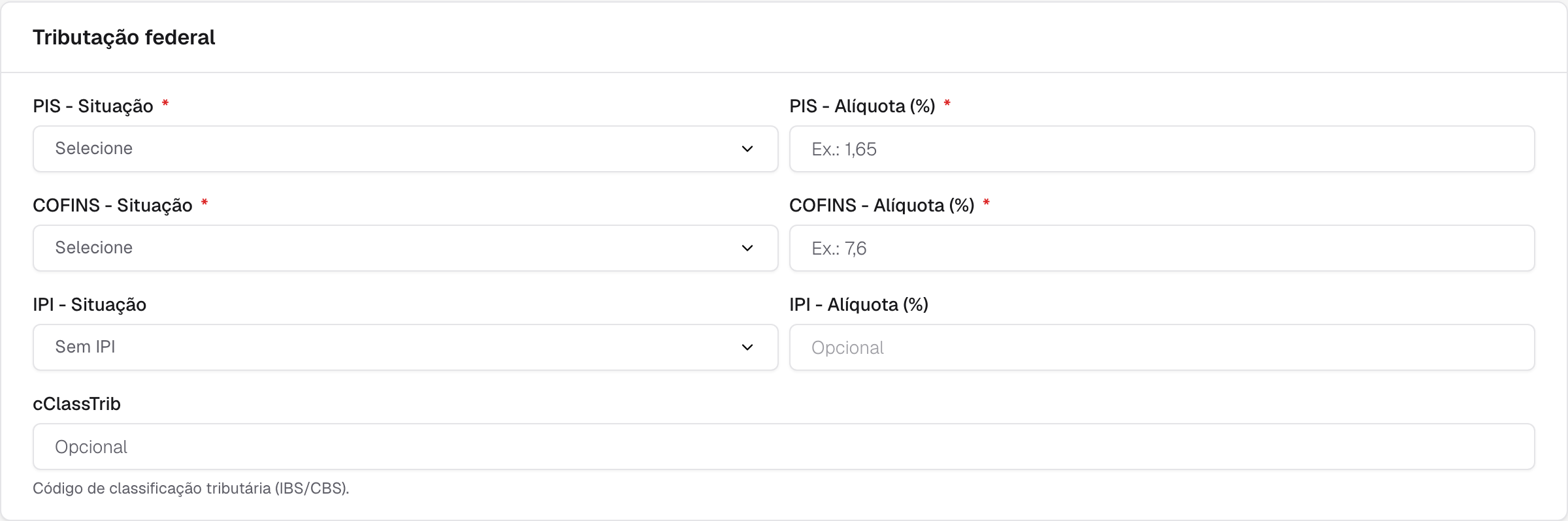 cartão Tributação federal com os campos de PIS, COFINS, IPI e cClassTrib