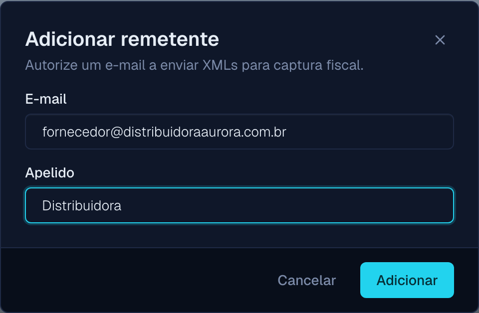 janela Adicionar remetente com o campo de e-mail e o apelido