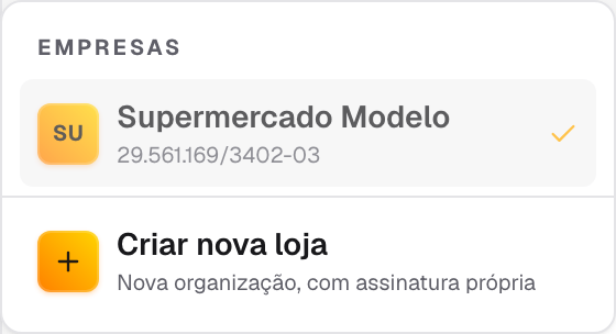 painel Empresas aberto, com a loja atual marcada e a opção Criar nova loja