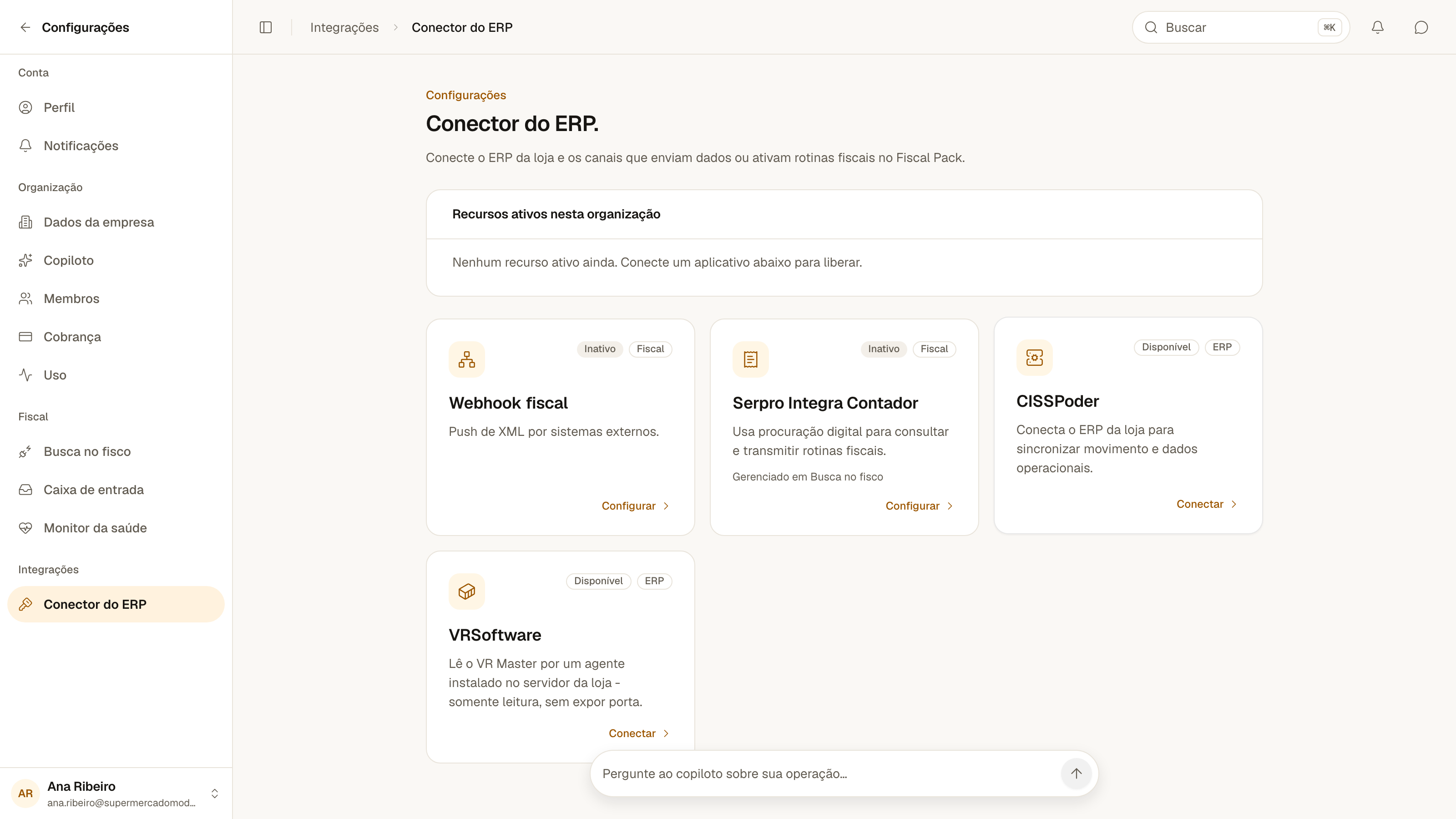 cartões CISSPoder, VRSoftware, Webhook fiscal e Serpro Integra Contador na tela Conector do ERP
