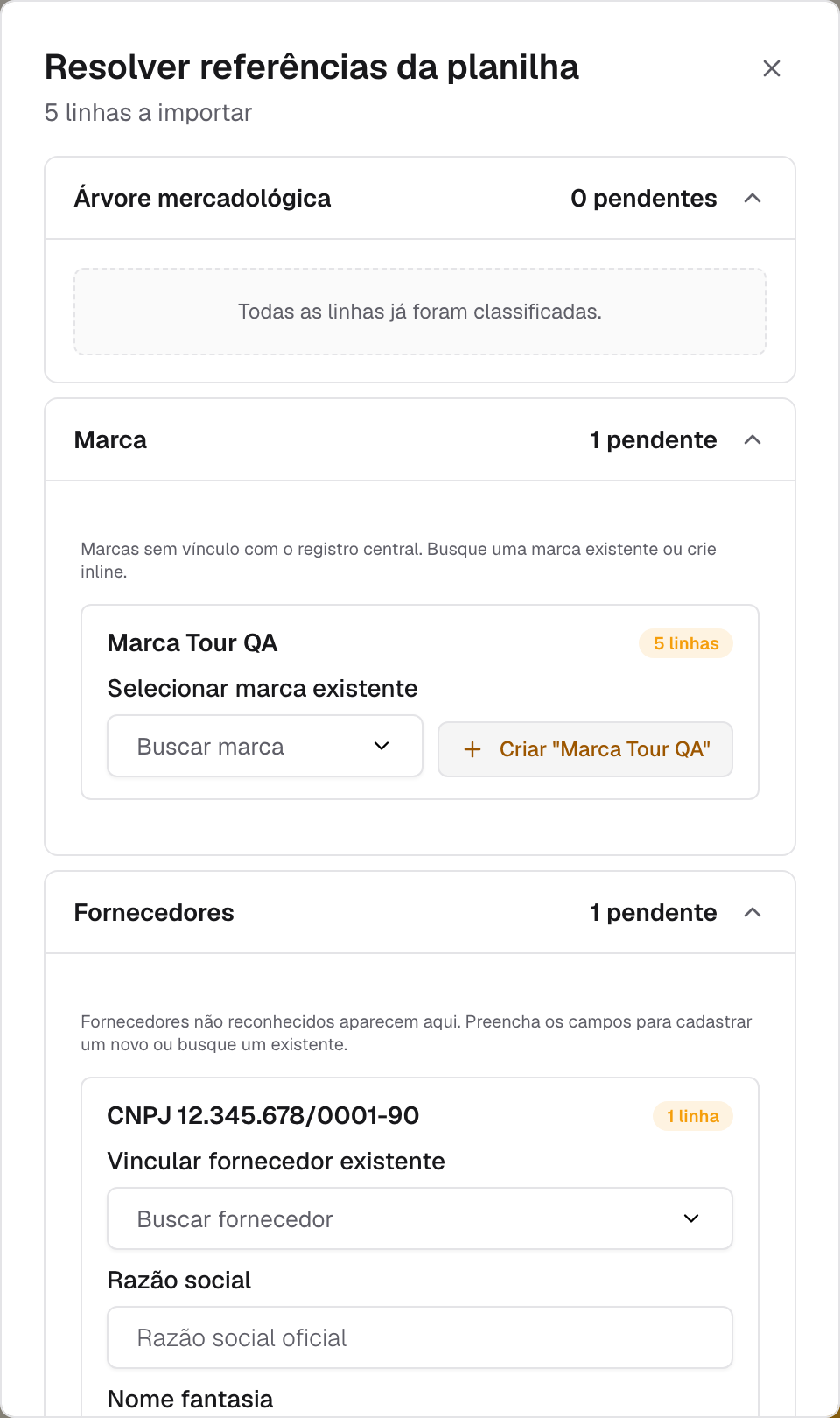 janela Resolver referências da planilha com opção de criar categoria e marca na hora