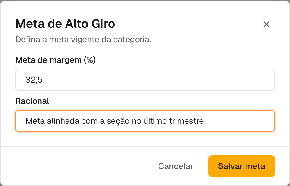 modal de meta da categoria com o campo Meta de margem (%) e o campo Racional preenchidos