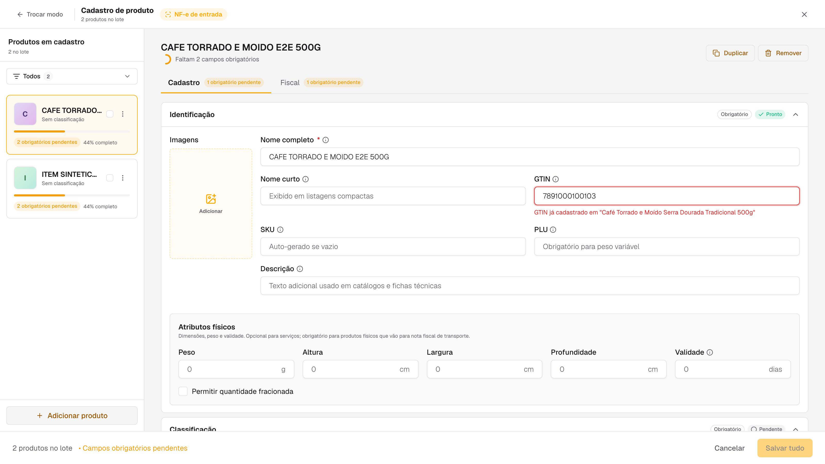 editor do lote com os itens da nota, barras de completude e avisos