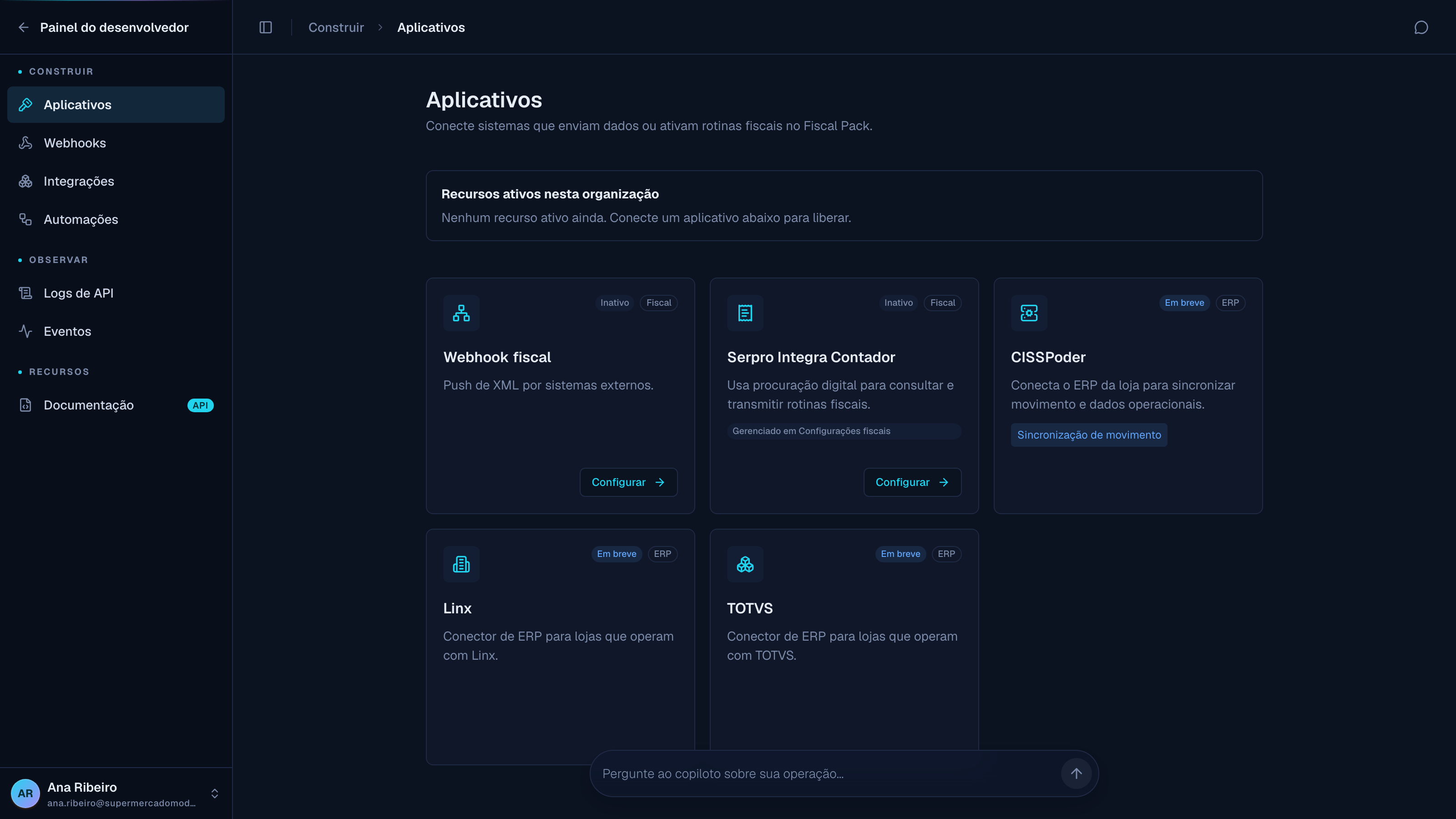 grid de Aplicativos com os cartões CISSPoder, Webhook fiscal e Serpro Integra Contador