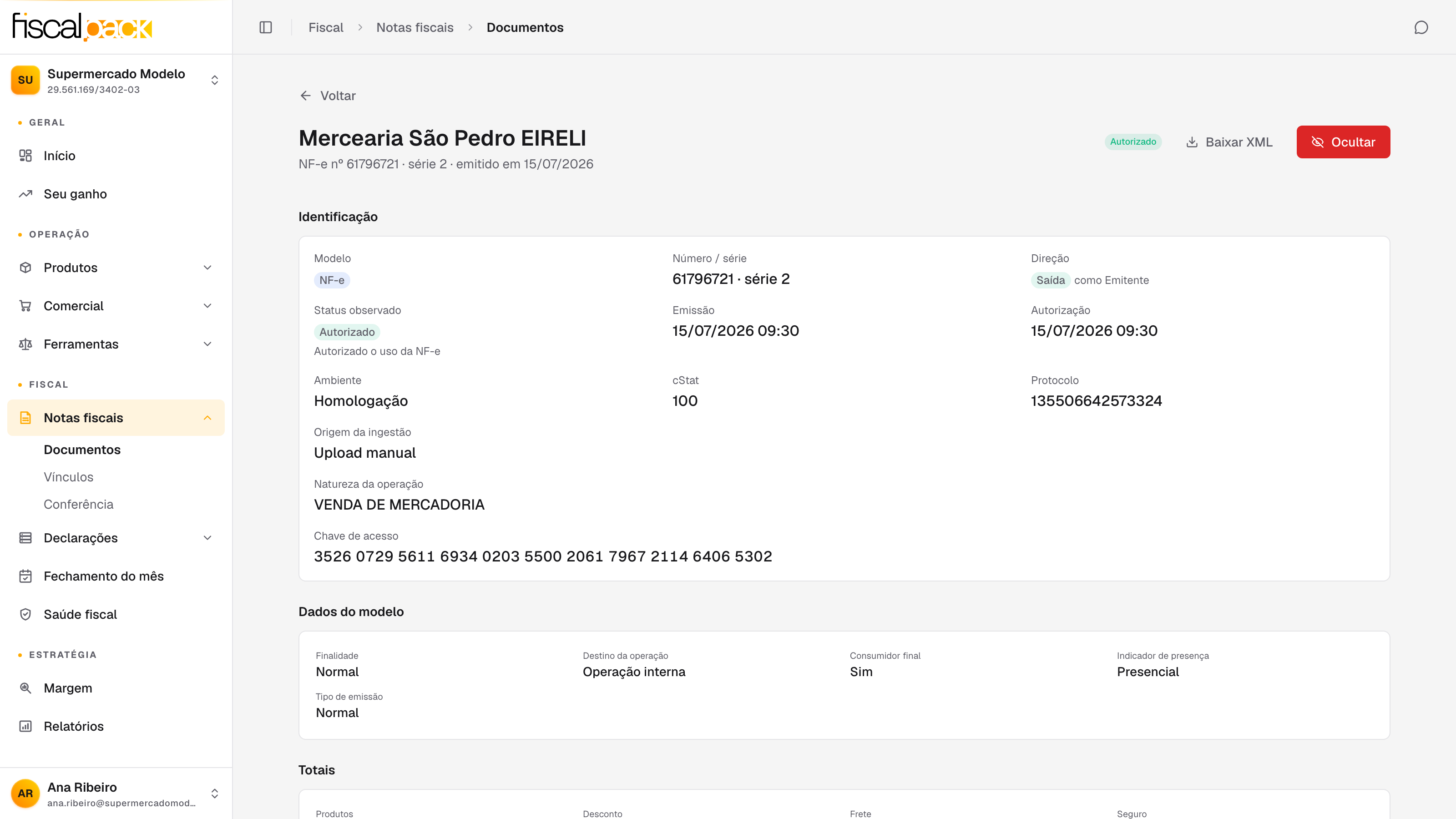 ficha de uma NF-e aberta mostrando itens, partes e status