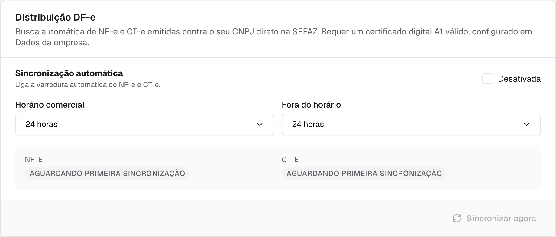 cartão Distribuição DF-e com a sincronização automática e os intervalos de busca