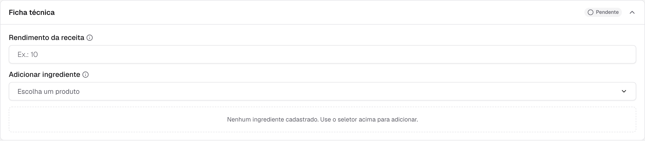 bloco Ficha técnica com rendimento e lista de ingredientes