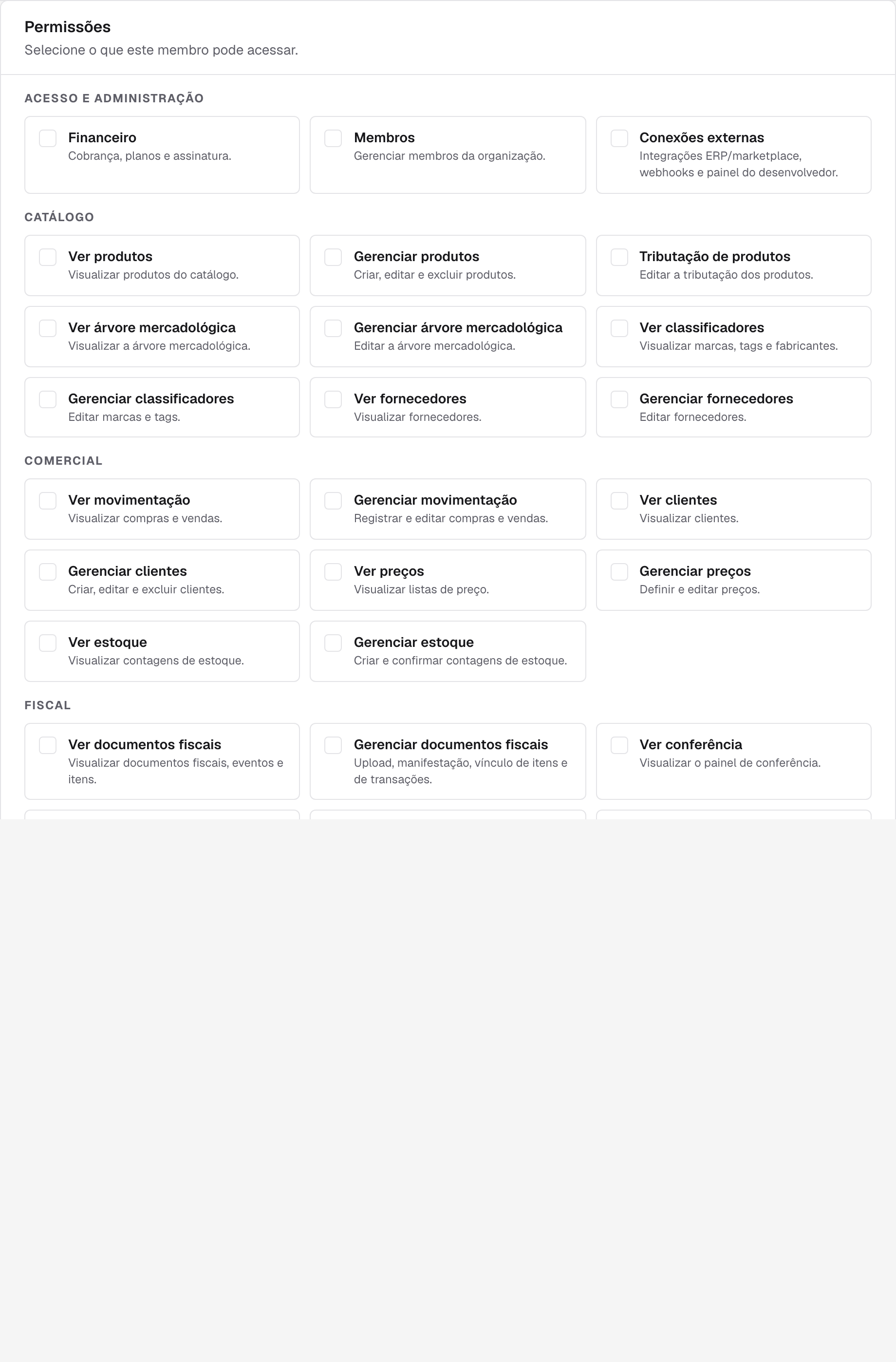 permissões do membro com os grupos por área
