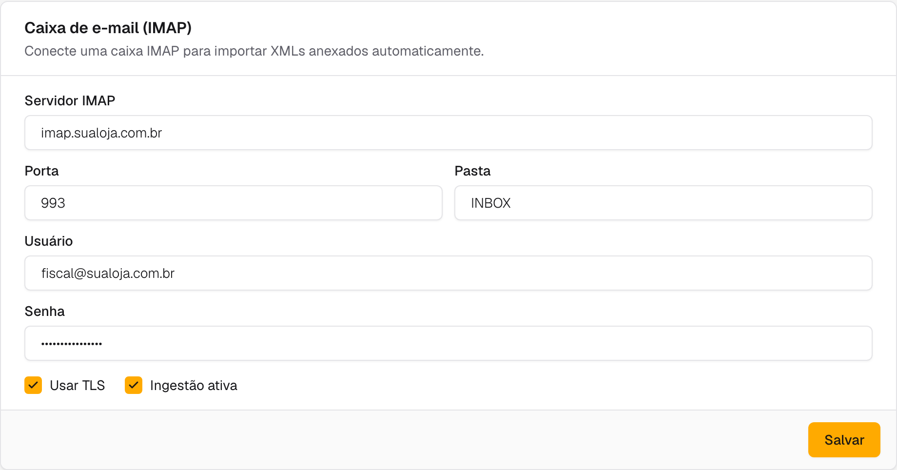 formulário do cartão Caixa de e-mail (IMAP) preenchido, com Usar TLS e Ingestão ativa marcados