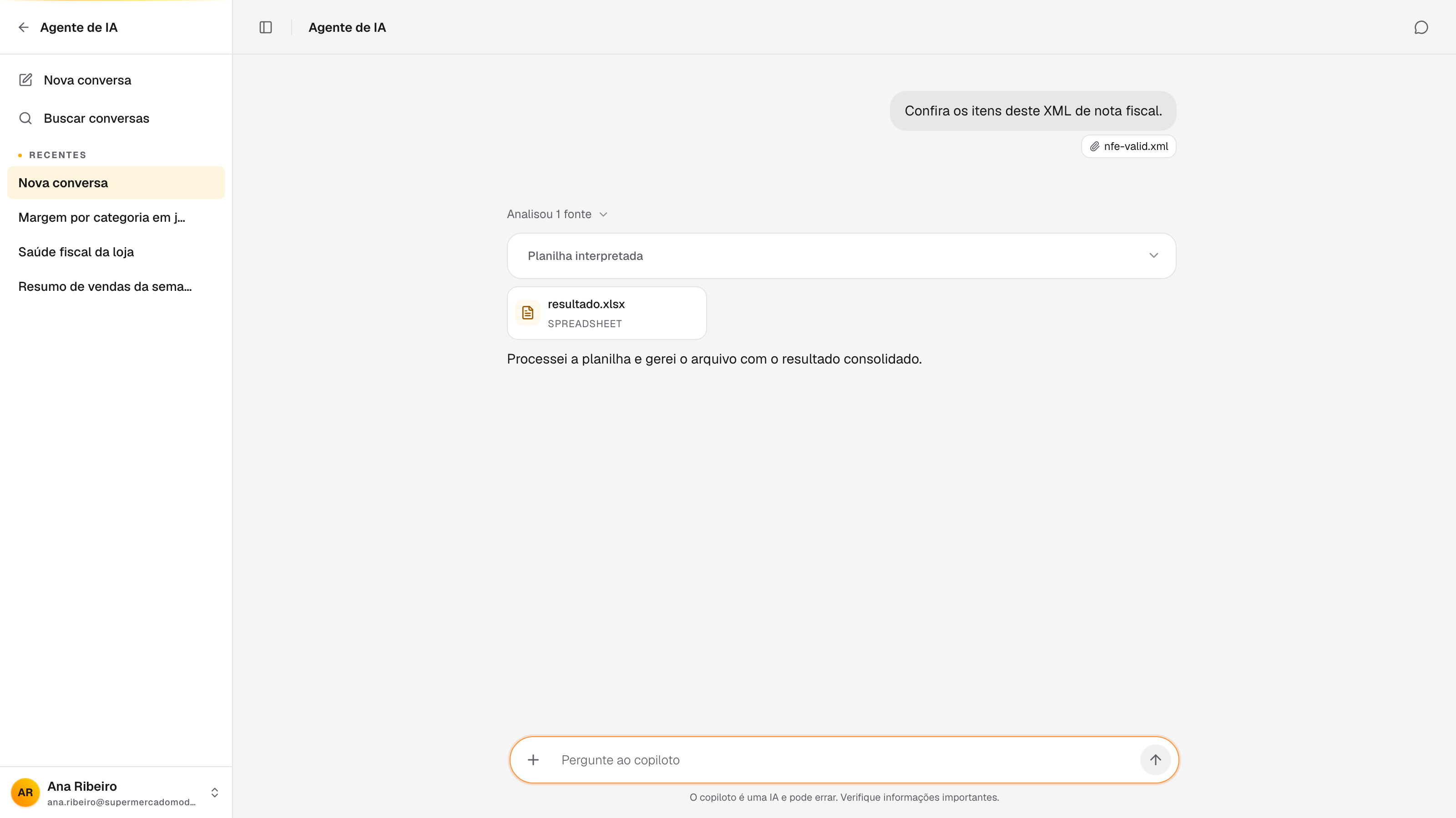 copiloto respondendo após analisar um XML de nota fiscal anexado