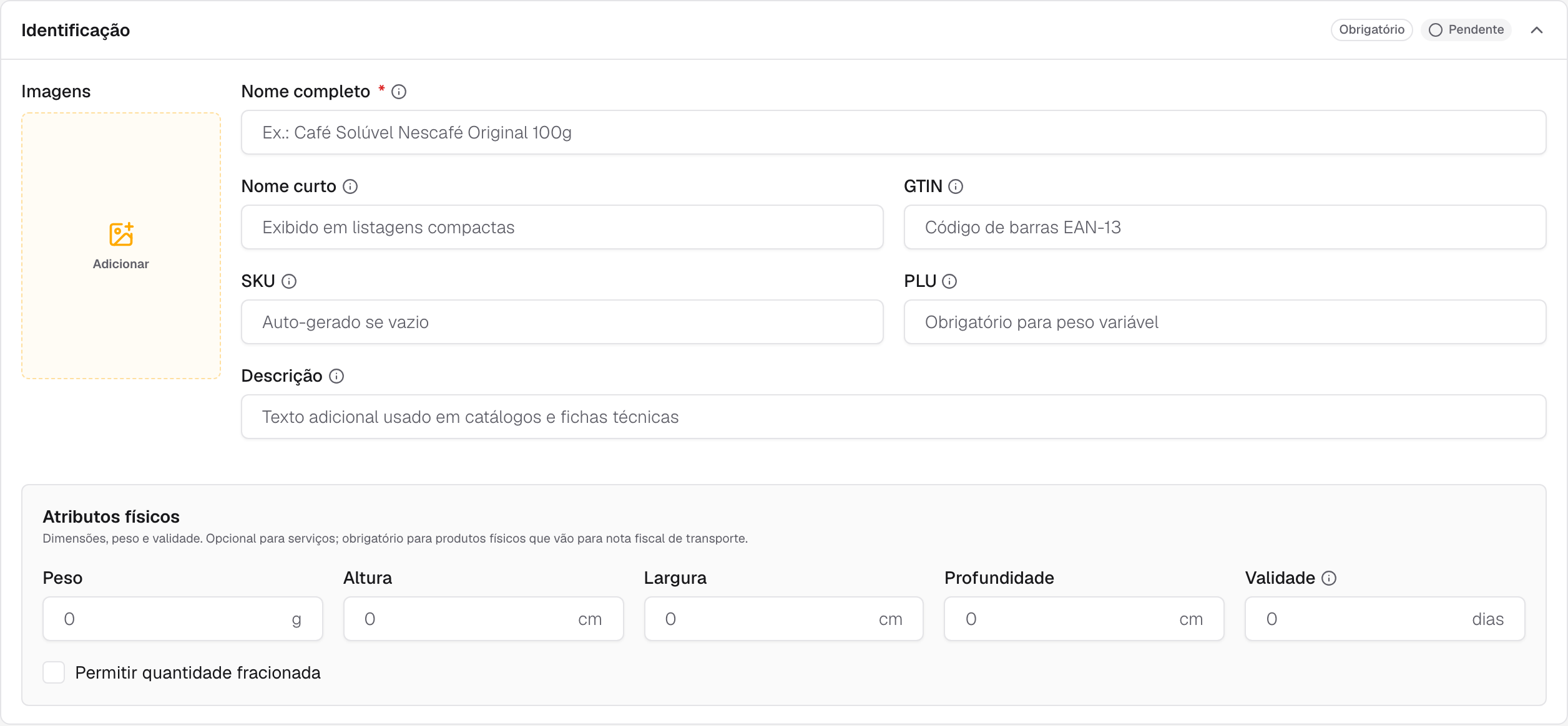 bloco Identificação com o campo PLU para um item de açougue