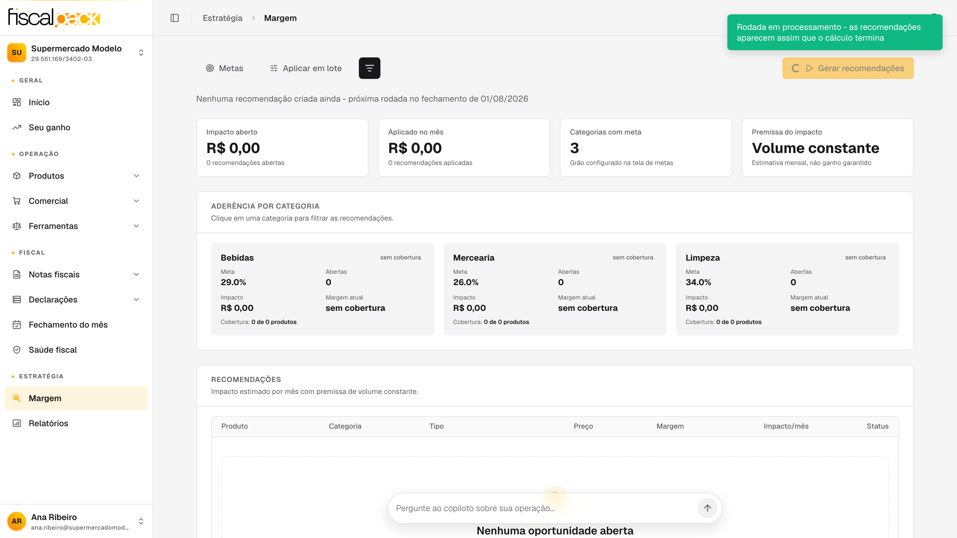 aviso de rodada em processamento após clicar em Gerar recomendações