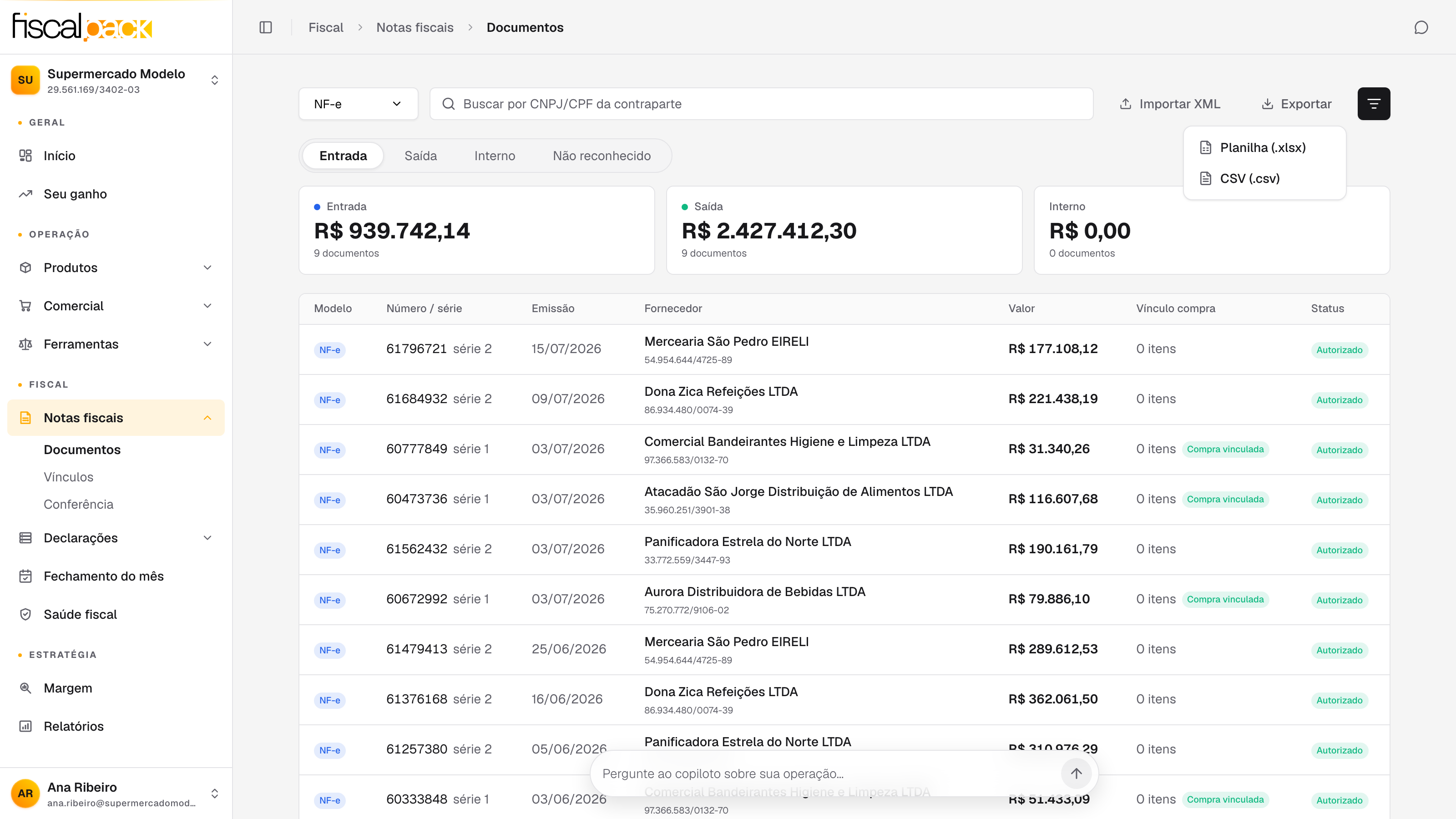lista de documentos com a ação Exportar aberta e os formatos disponíveis