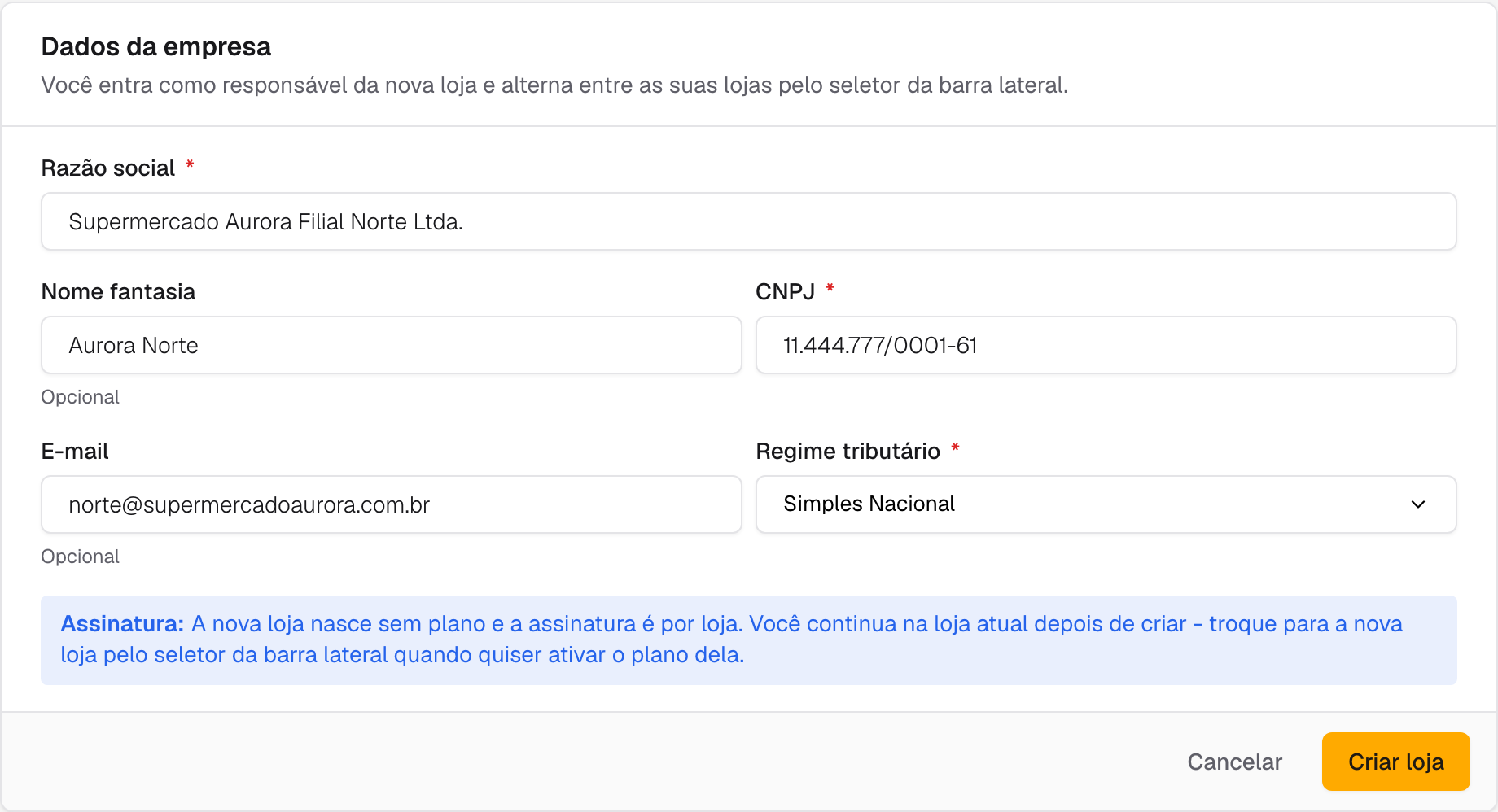 formulário Nova loja preenchido