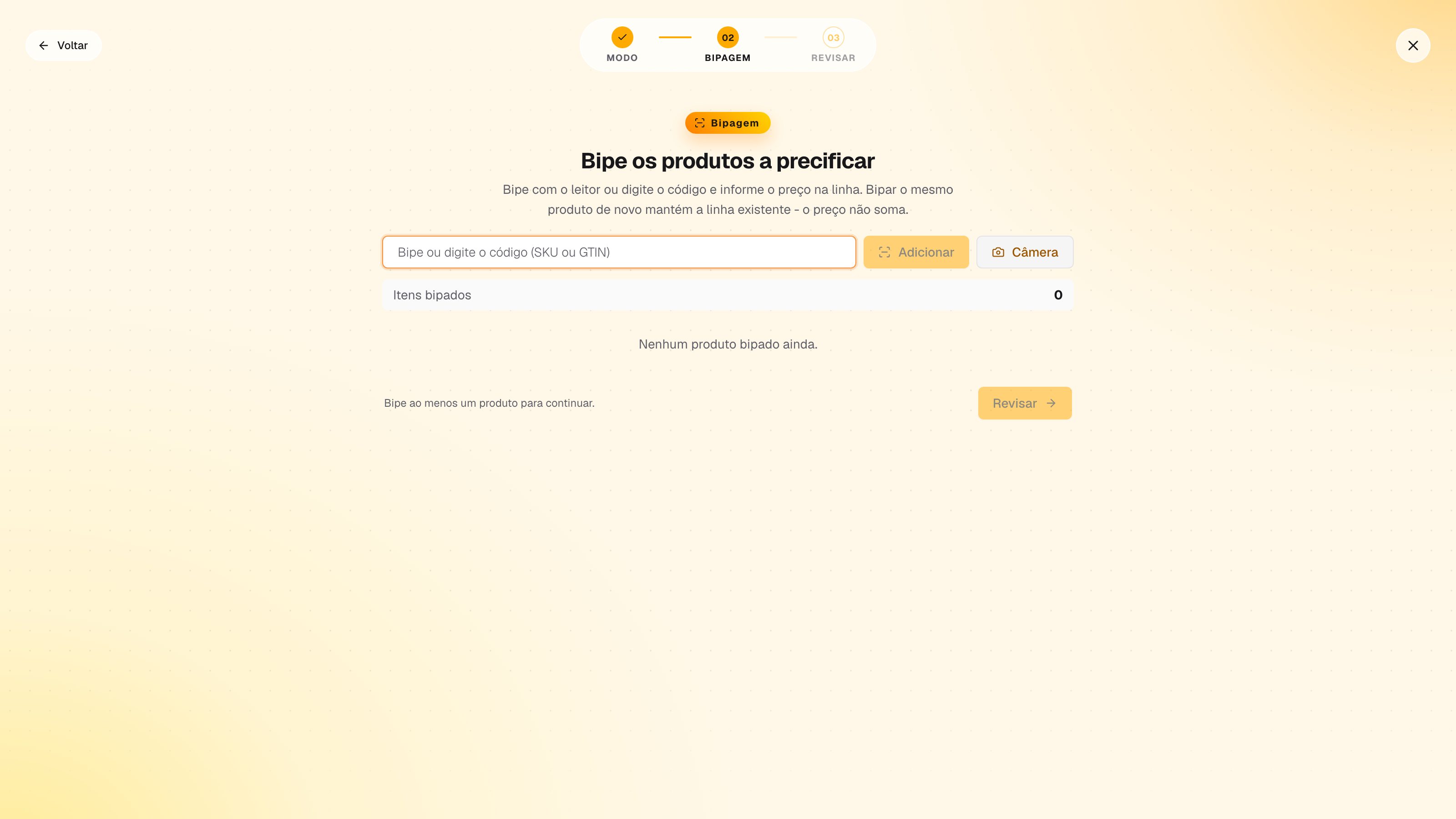 tela de bipagem da atualização de preços em lote, com o campo de código e o campo de preço da linha