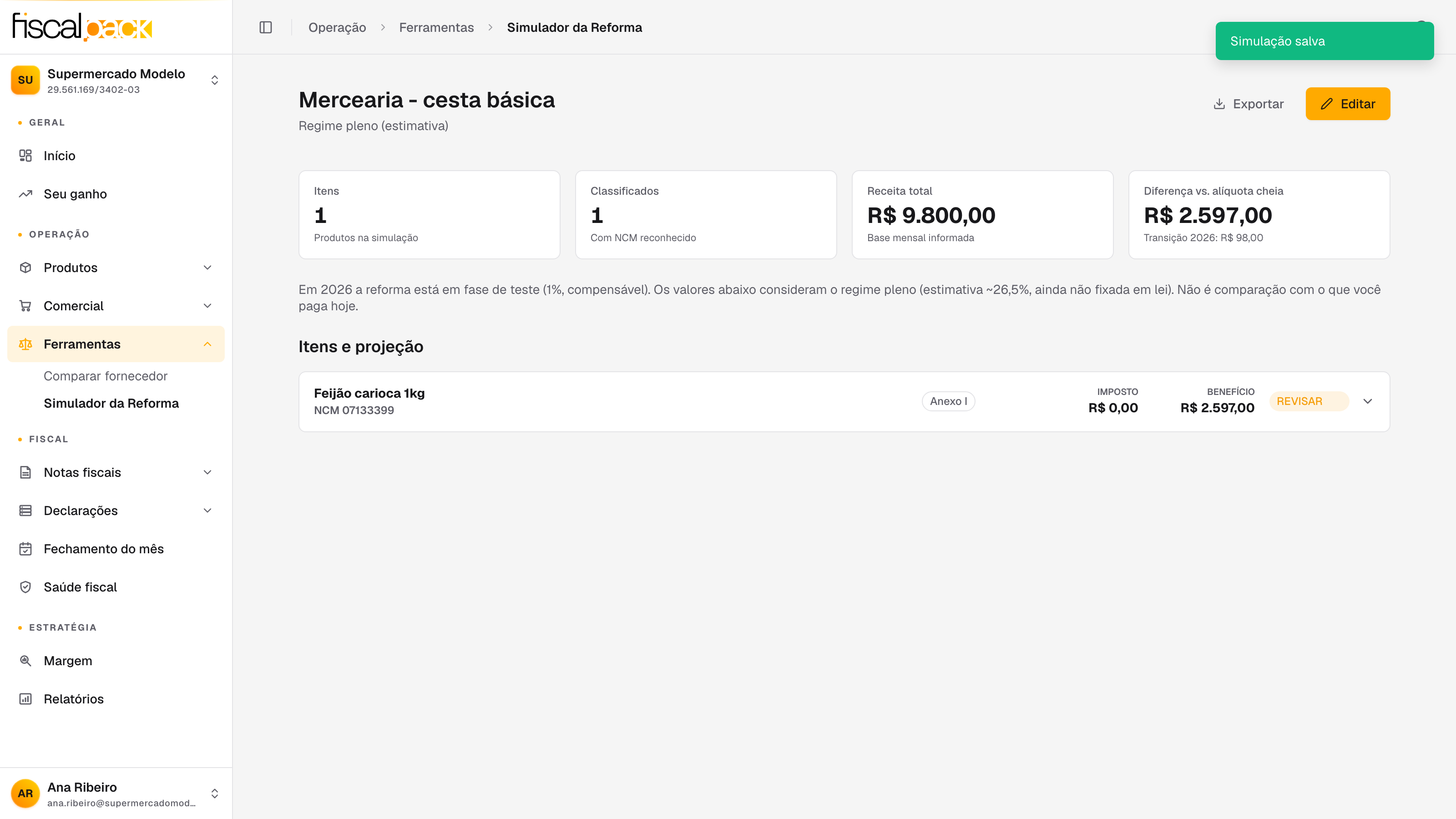 detalhe de uma simulação salva com o resultado e os botões Editar e Exportar