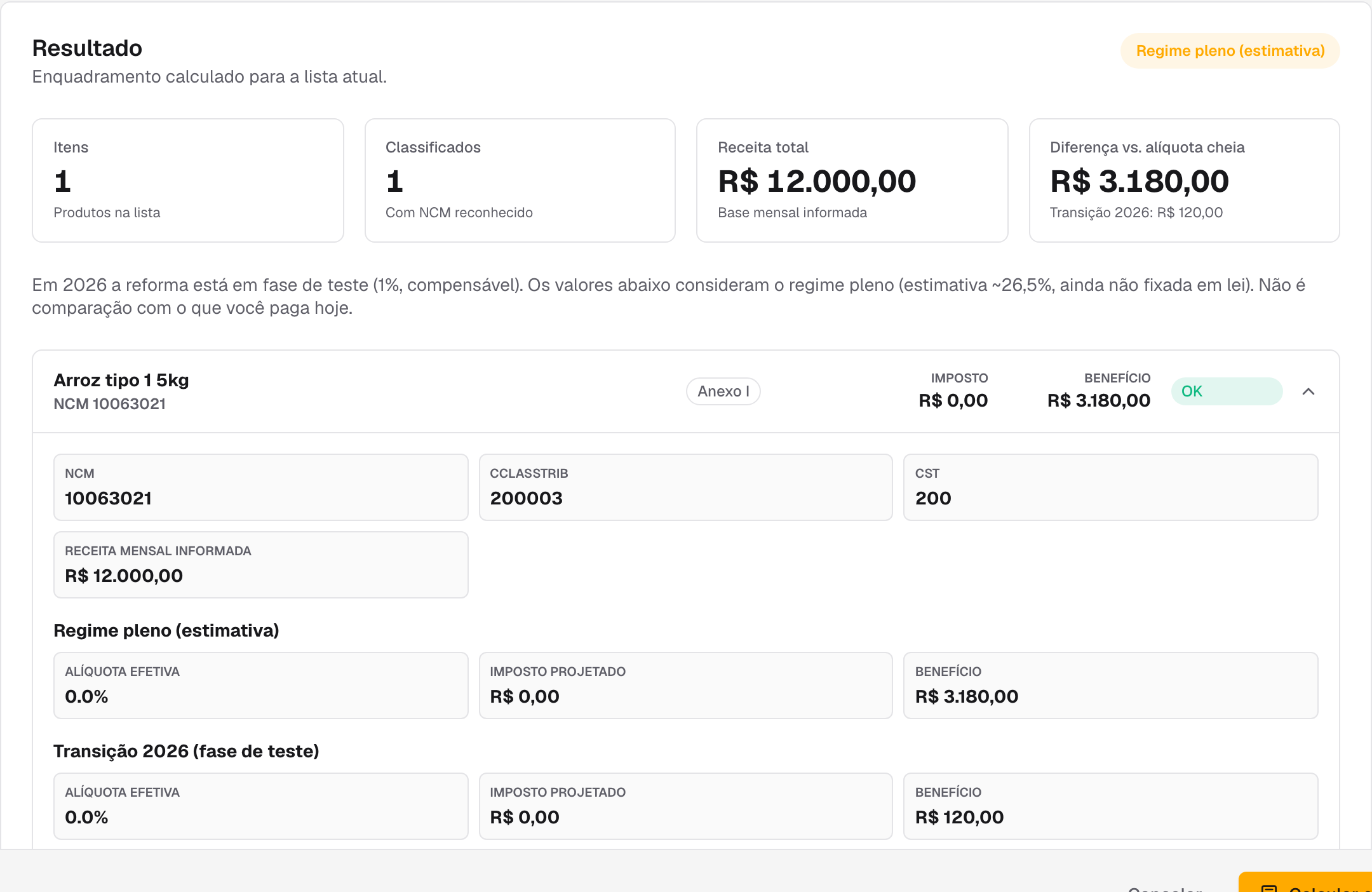 item do resultado aberto com anexo, cClassTrib, CST e a marca de revisão