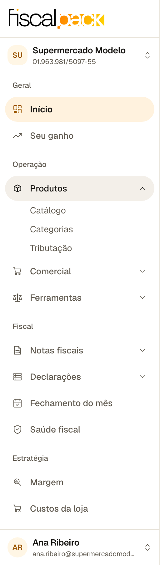 as quatro seções da barra lateral, com o grupo Produtos expandido