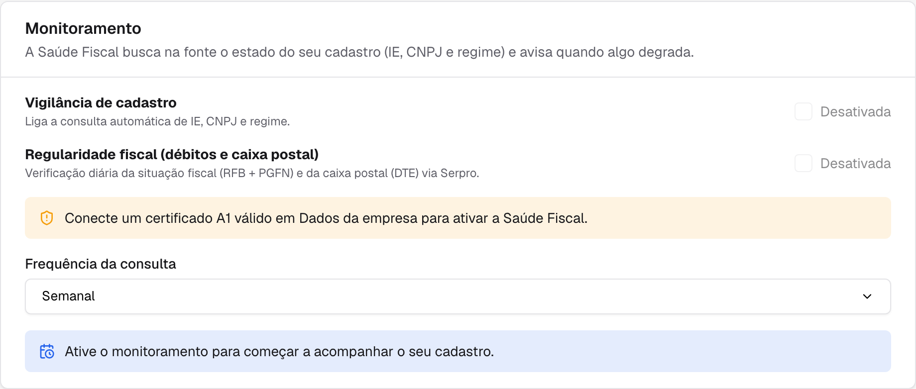 cartão Monitoramento com a Vigilância de cadastro e o aviso pedindo um certificado A1 válido